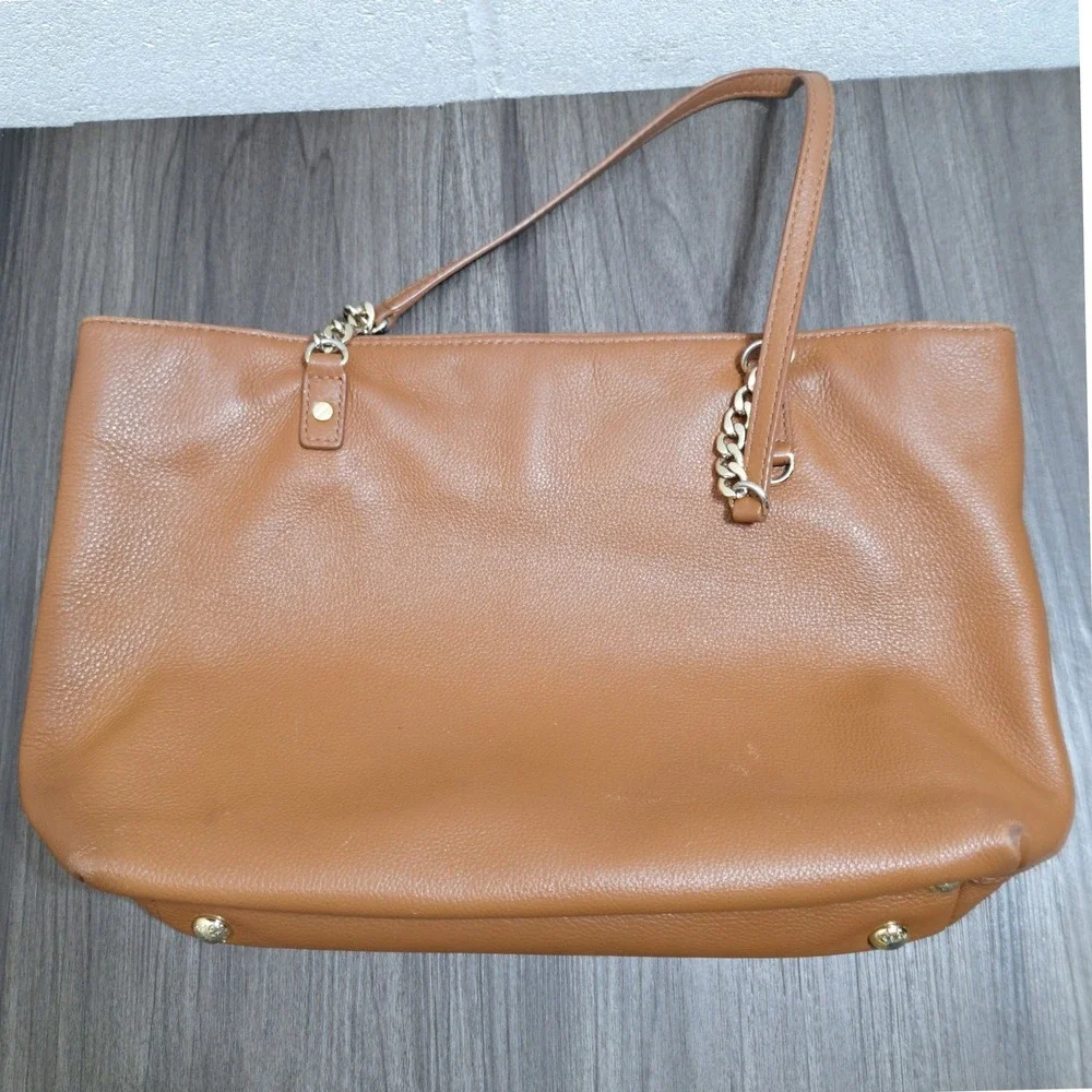 Michael Kors Pebbled Leather Tote Bag Luggage Brown Gold Chain Shoulder Bag